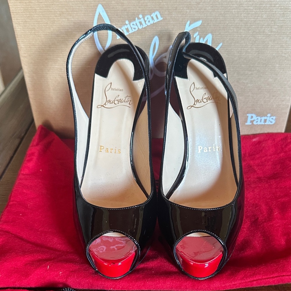 Christian Louboutin Black Patent Peep Toe Heels with Red Accents - Picture 3 of 6